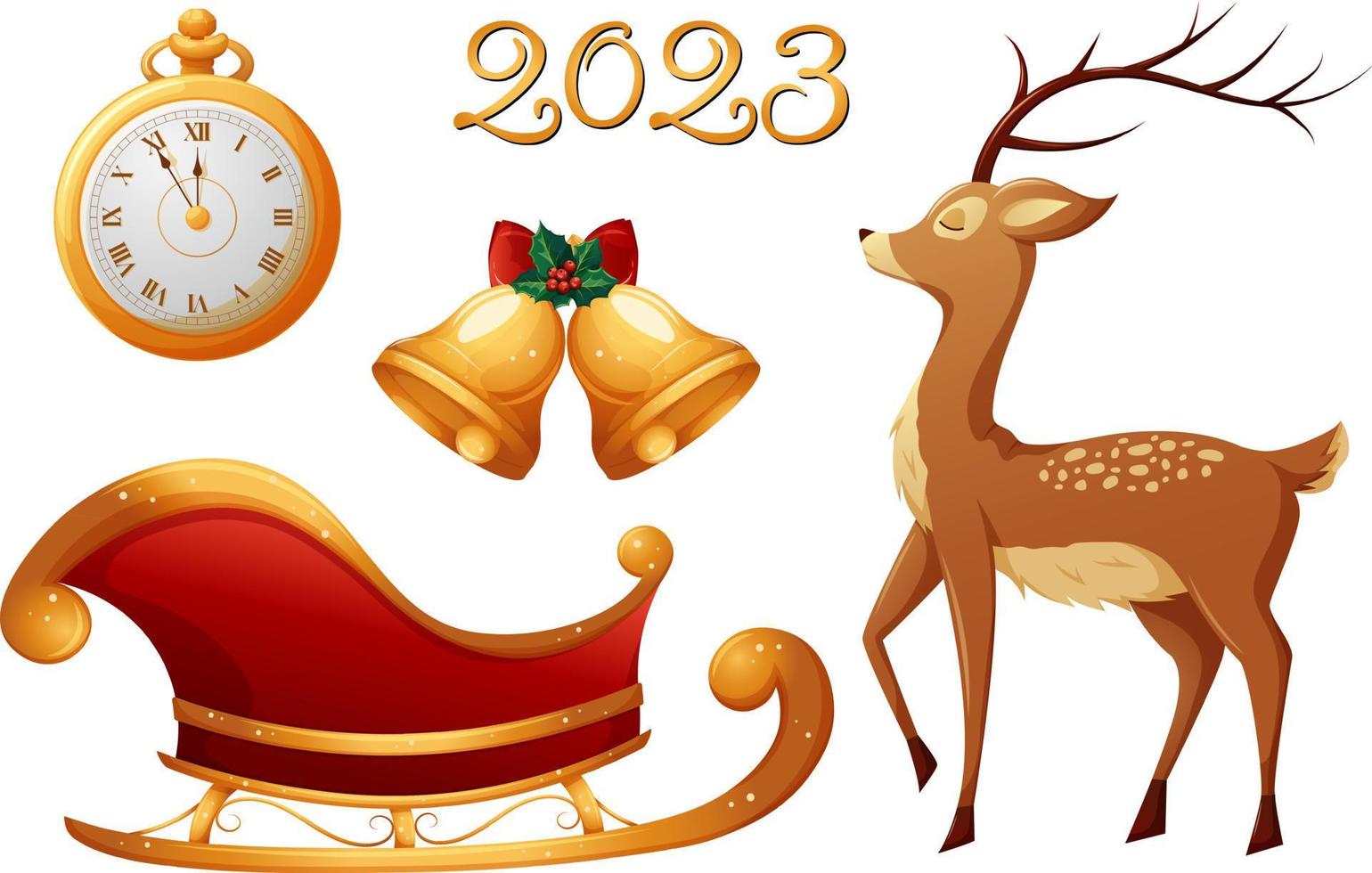 conjunto navideño 2023 con renos de dibujos animados, trineo, reloj y campanas doradas vector