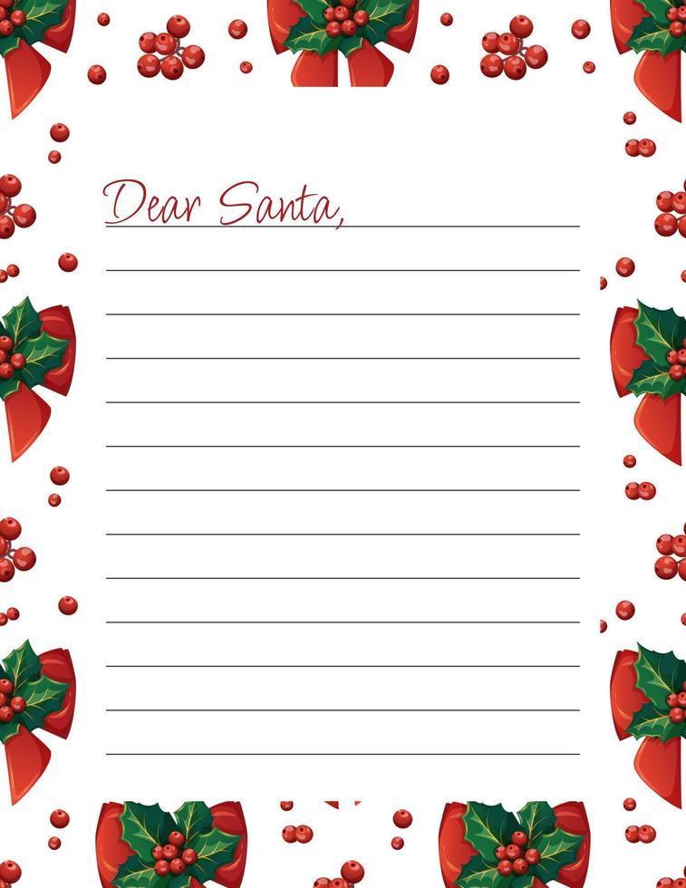 plantilla de carta para cartas a santa claus con acebo sobre fondo blanco vector