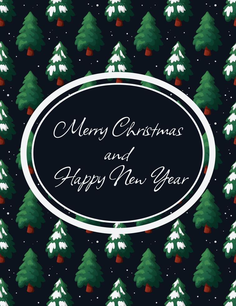 feliz navidad y tarjeta de felicitación de año nuevo con árboles de navidad y nieve sobre fondo azul oscuro vector