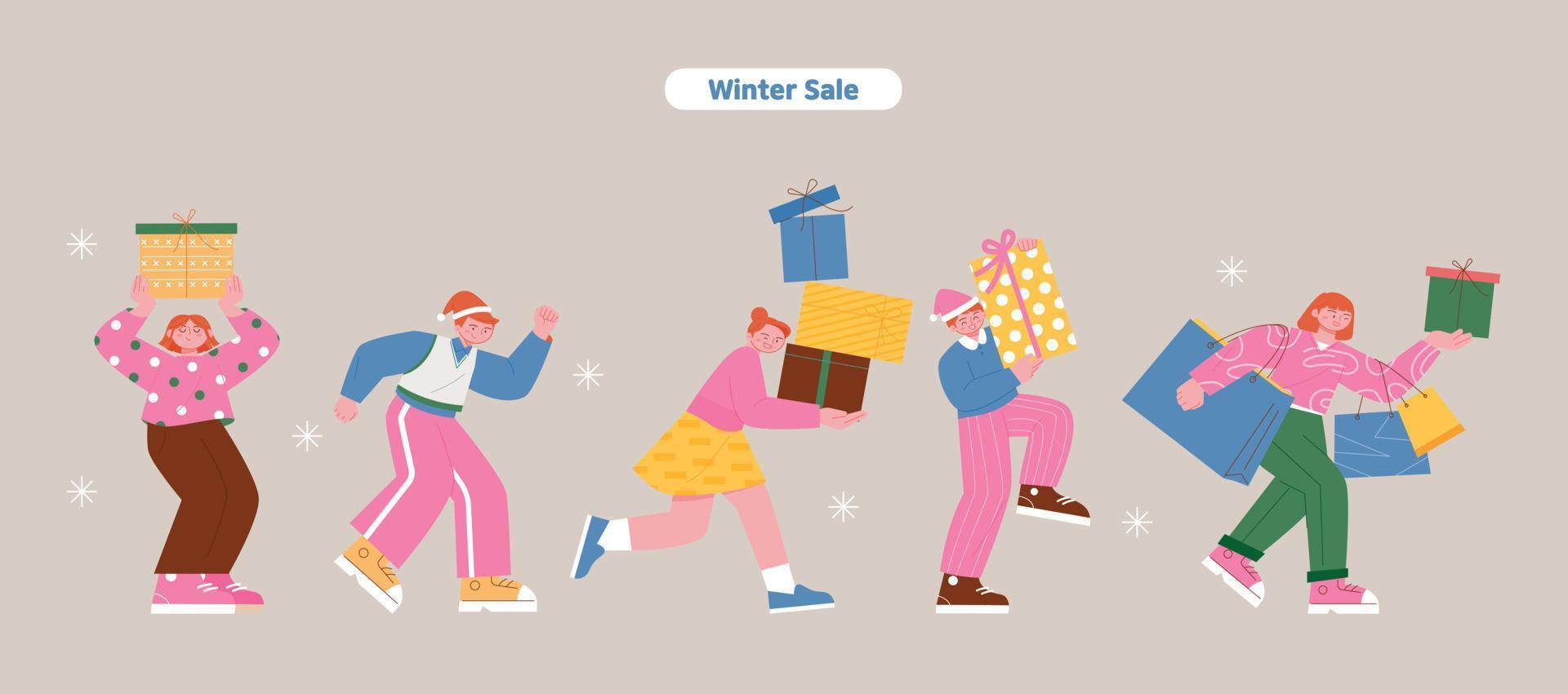 People are walking happily carrying gift boxes and shopping bags. vector