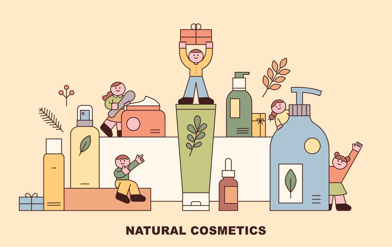 diversos productos cosméticos se componen de conjuntos. los niños lindos saludan felizmente entre los productos gigantes. vector