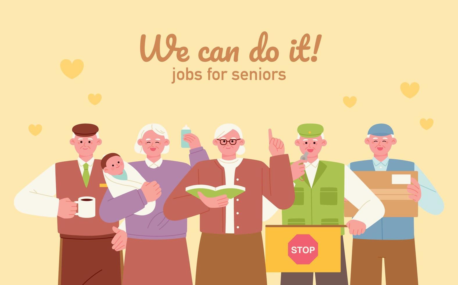 Elderly jobs promotion banner. A collection of senior characters with various occupations. vector