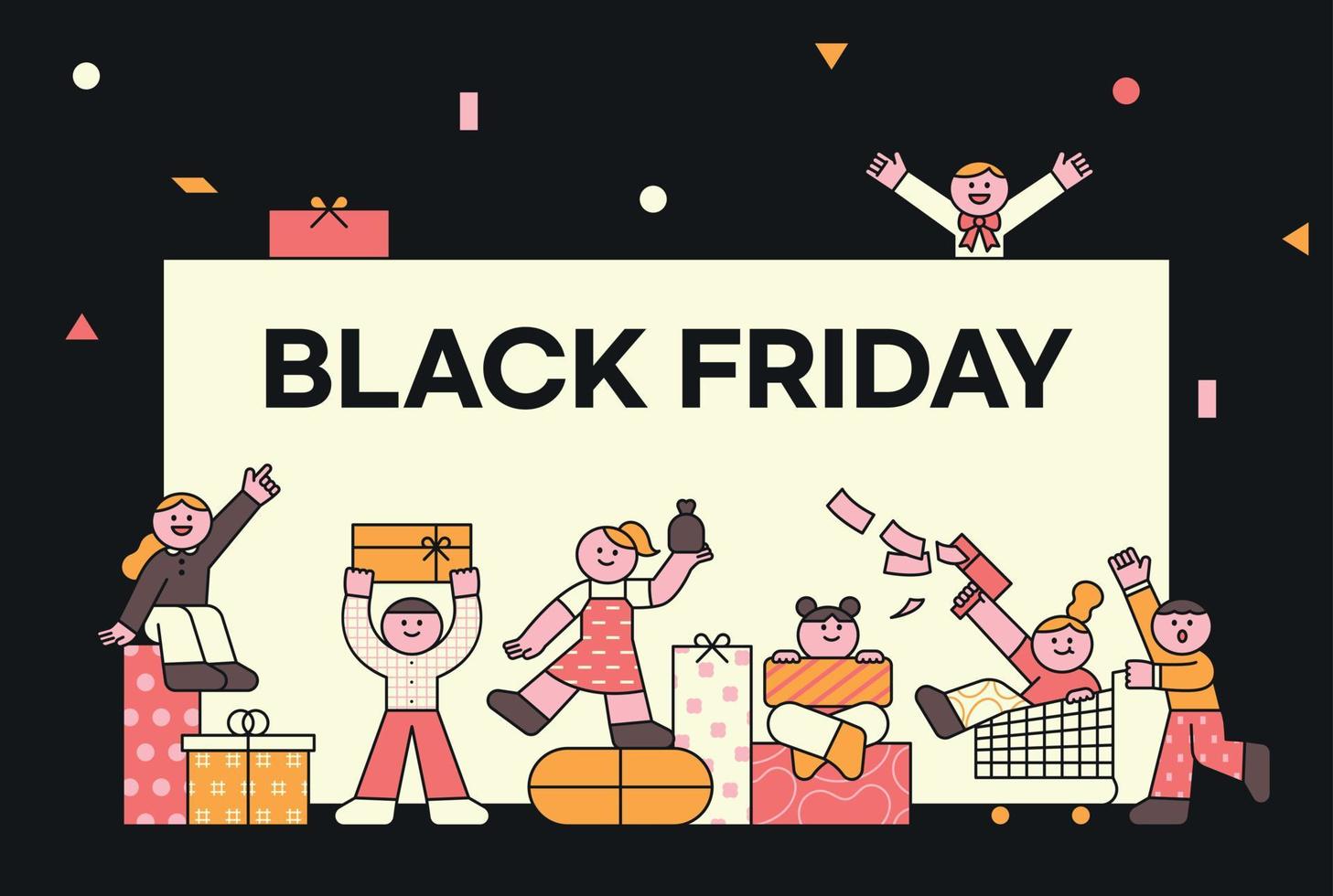 Black Friday concept poster on black background. Cute characters are having fun shopping. vector