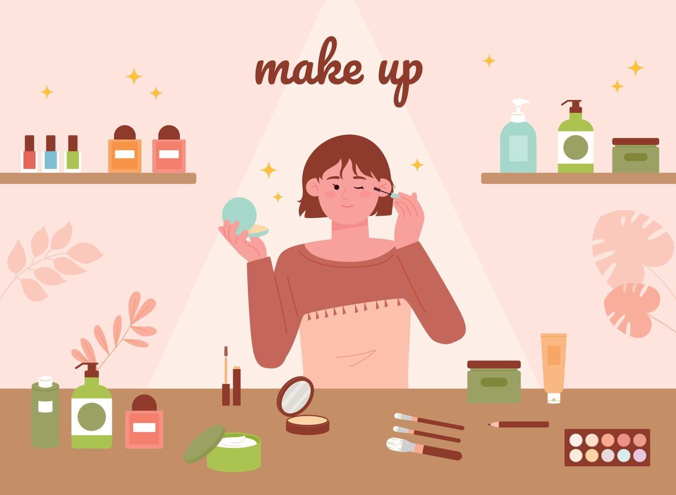 A cute little girl is putting on makeup on the table full of makeup products. vector