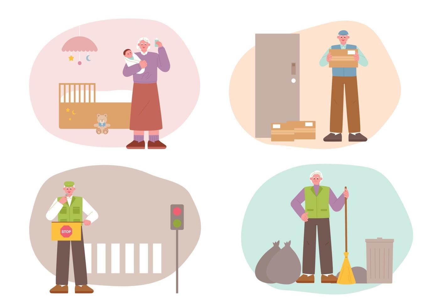 A grandmother who takes care of a baby, a grandfather who delivers parcels, a grandfather who organizes traffic, and a grandfather who cleans the streets. vector