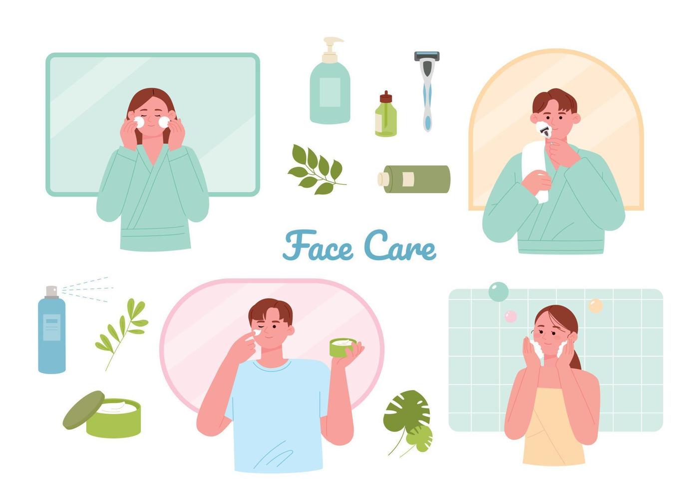 People doing morning skincare. Washing, shaving and applying lotion. vector