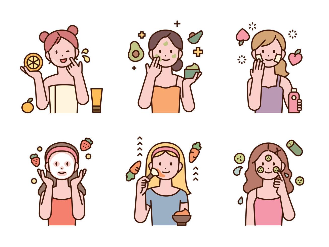 Healthy cosmetics made with various fruits and vegetables. Cute female characters are doing skin care. outline style illustration. vector