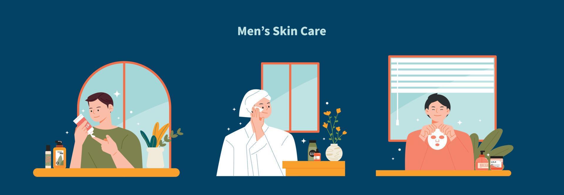 Young men are doing skincare. I put lotion on my face and put on a face