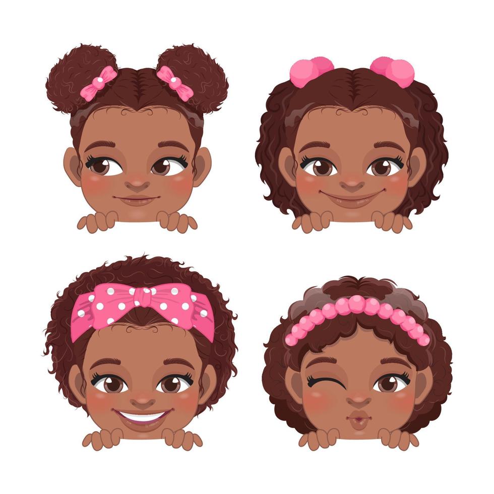 Cute Peekaboo Little Black Girls or American African Kids Peeking Girls Collection and Different Afro Hairstyle Vector illustration