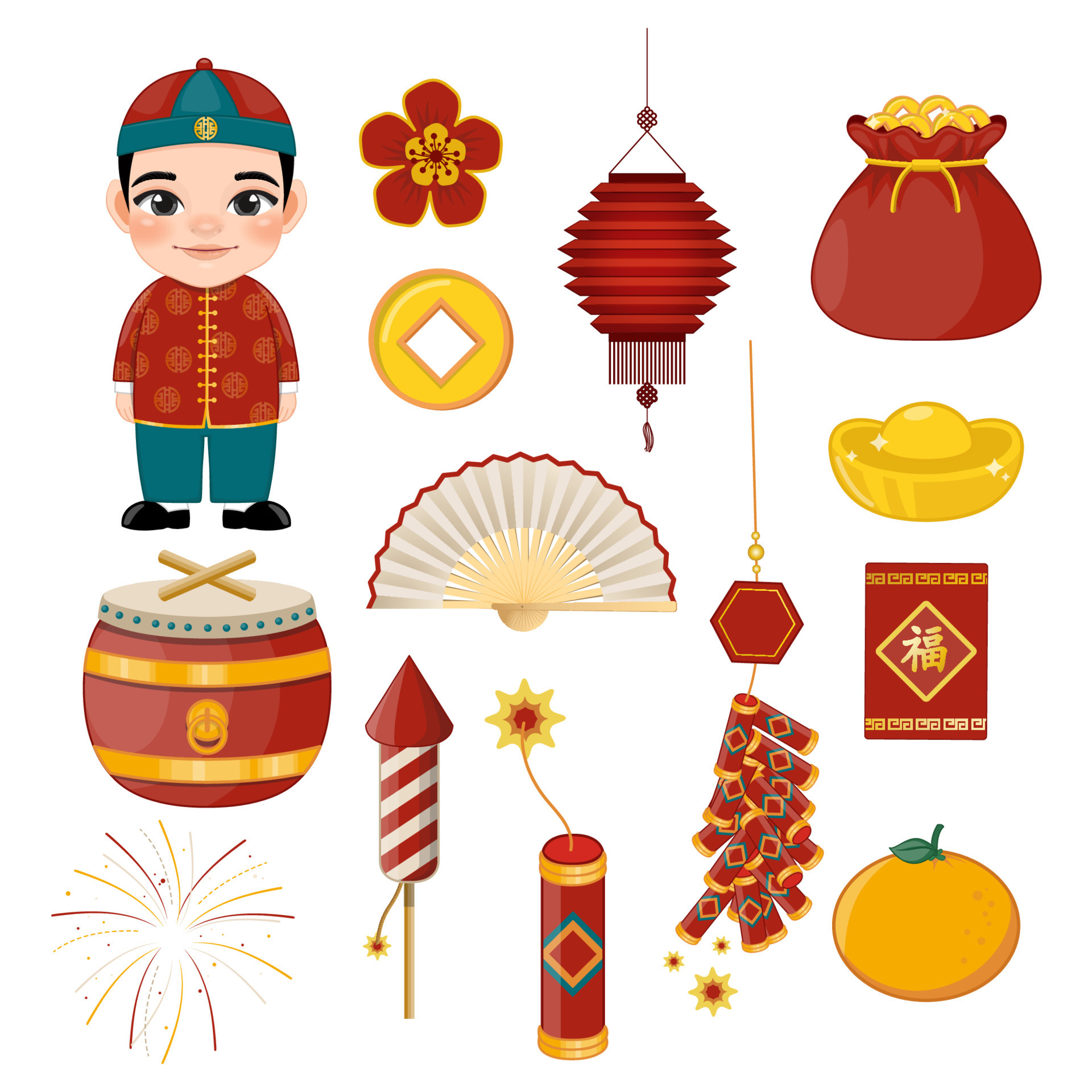 Happy Chinese new year with Asian Kids and Chinese Elements Cartoon