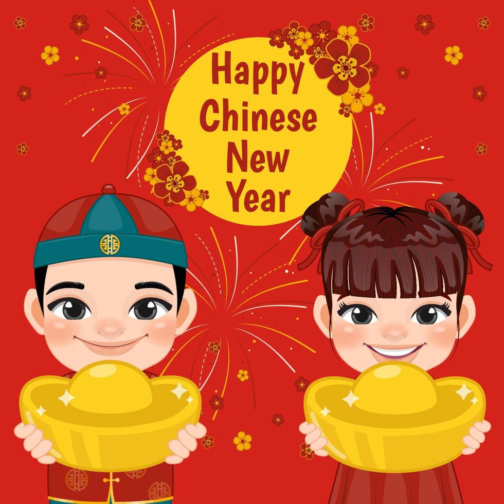 Chinese New Year Card Template with Chinese Boy and Girl Holding Gold on Flowers,Fireworks Background Vector