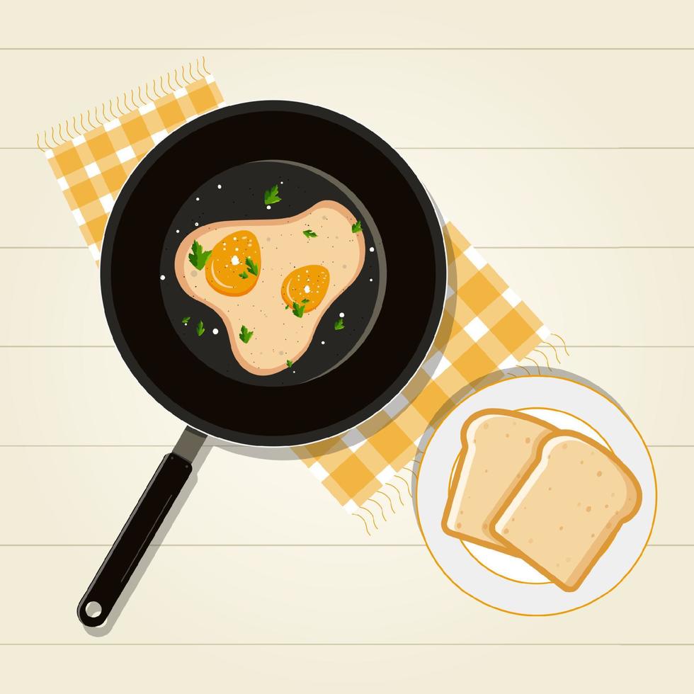 Delicious breakfast of scrambled eggs and bread slice with cloth vector
