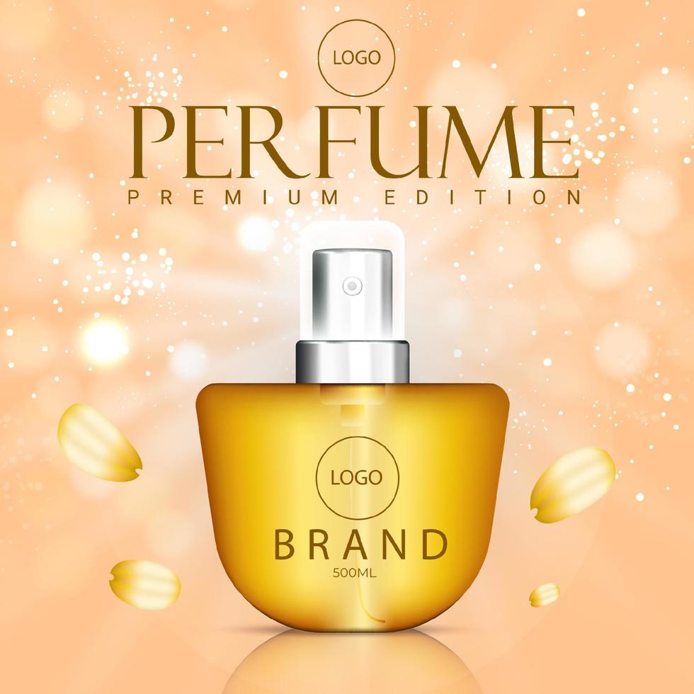 premium glass bottle of perfume with flower palets on bokeh bg vector