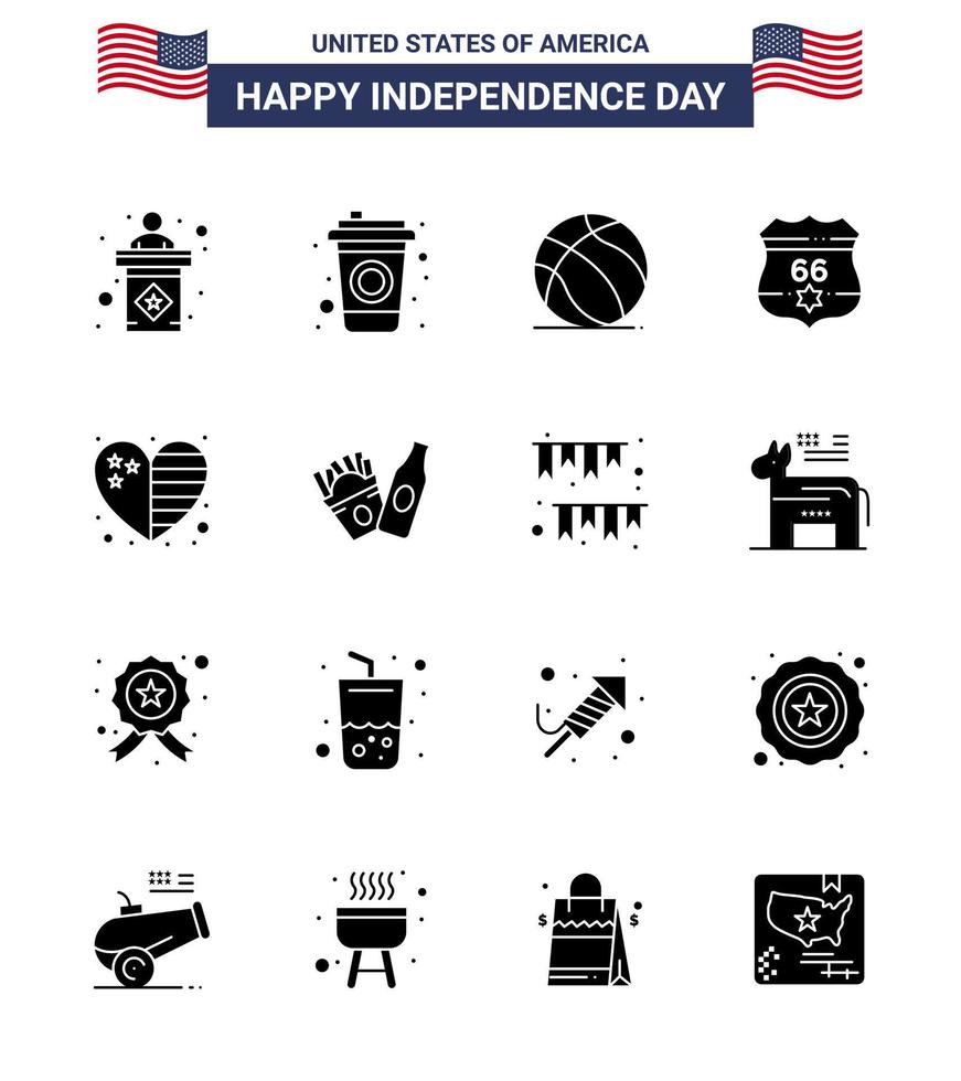 Big Pack of 16 USA Happy Independence Day USA Vector Solid Glyphs and Editable Symbols of flag heart ball security shield Editable USA Day Vector Design Elements