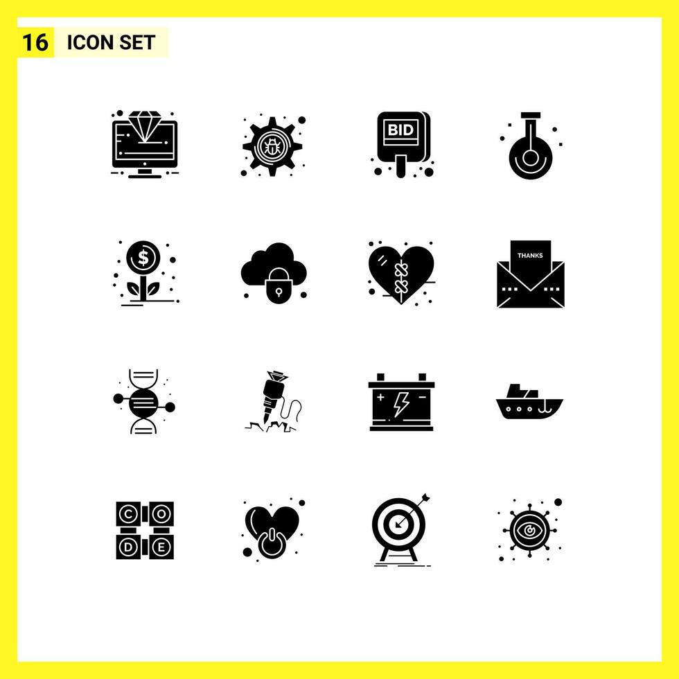 Group of 16 Solid Glyphs Signs and Symbols for science laboratory auction chemistry tag Editable Vector Design Elements