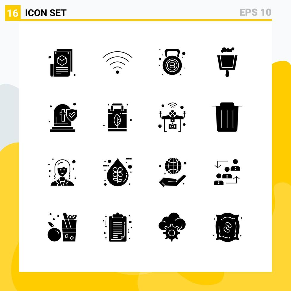 Group of 16 Modern Solid Glyphs Set for funeral church gym sweep broom Editable Vector Design Elements