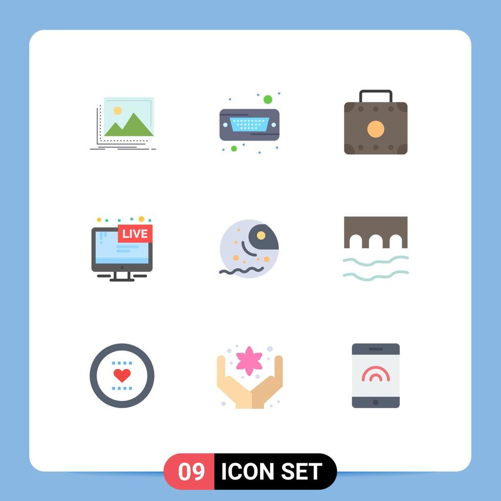 paquete de 9 signos y símbolos modernos de colores planos para medios de impresión web, como elementos de diseño de vectores editables de televisión en vivo distante