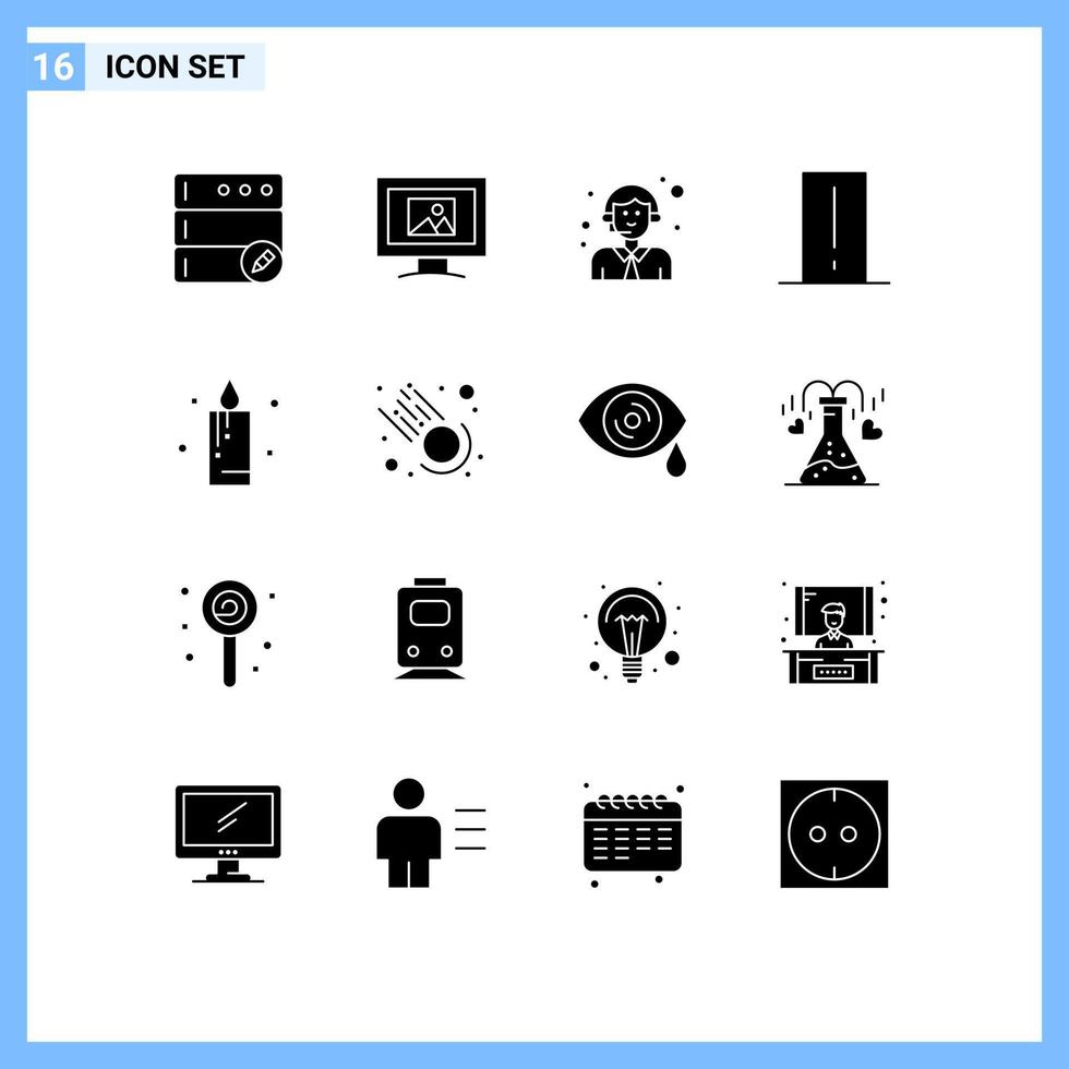Group of 16 Solid Glyphs Signs and Symbols for holiday candle logistic light mete electronics Editable Vector Design Elements