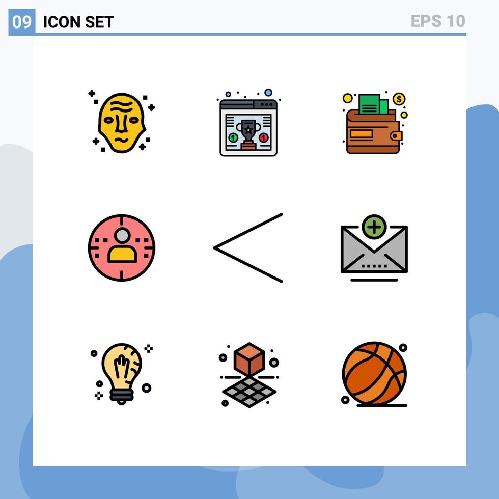 Group of 9 Modern Filledline Flat Colors Set for previous arrow browser marketing man Editable Vector Design Elements