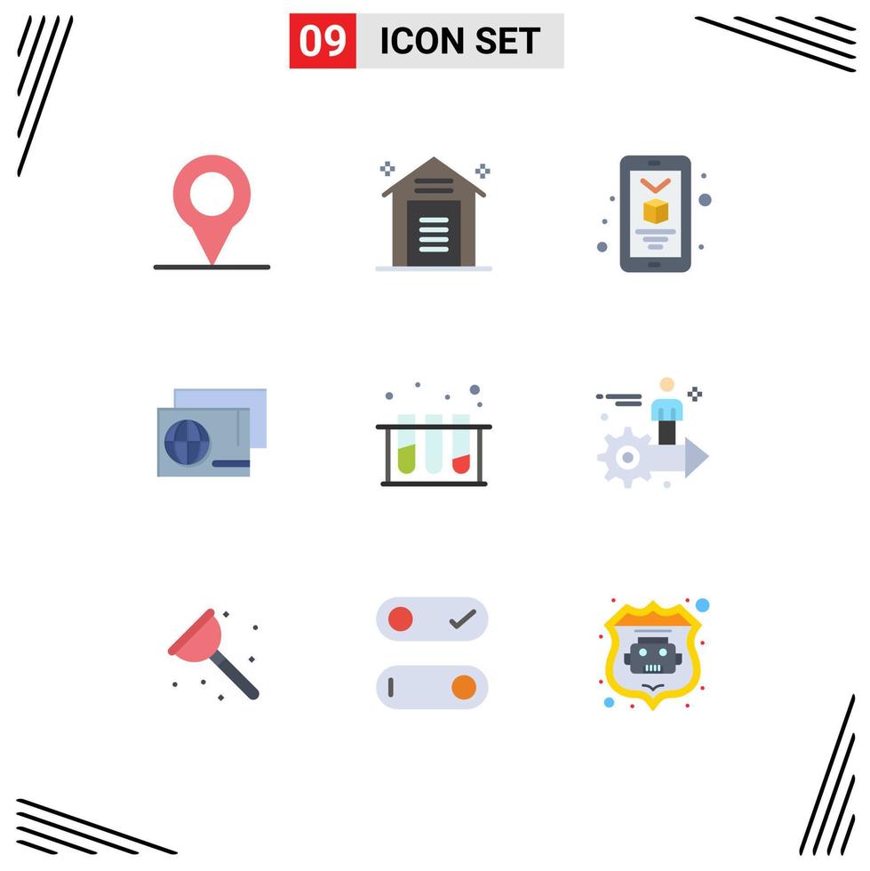 Pack of 9 creative Flat Colors of tub lab printing medical passport Editable Vector Design Elements