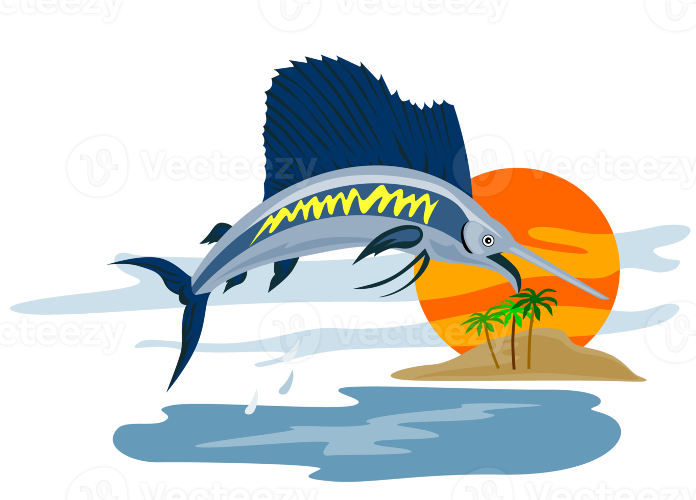 voilier poisson sautant île arrière plan rétro png