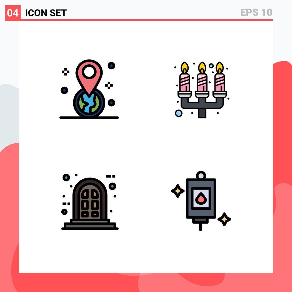 Mobile Interface Filledline Flat Color Set of 4 Pictograms of geolocation panel pin flame bag Editable Vector Design Elements
