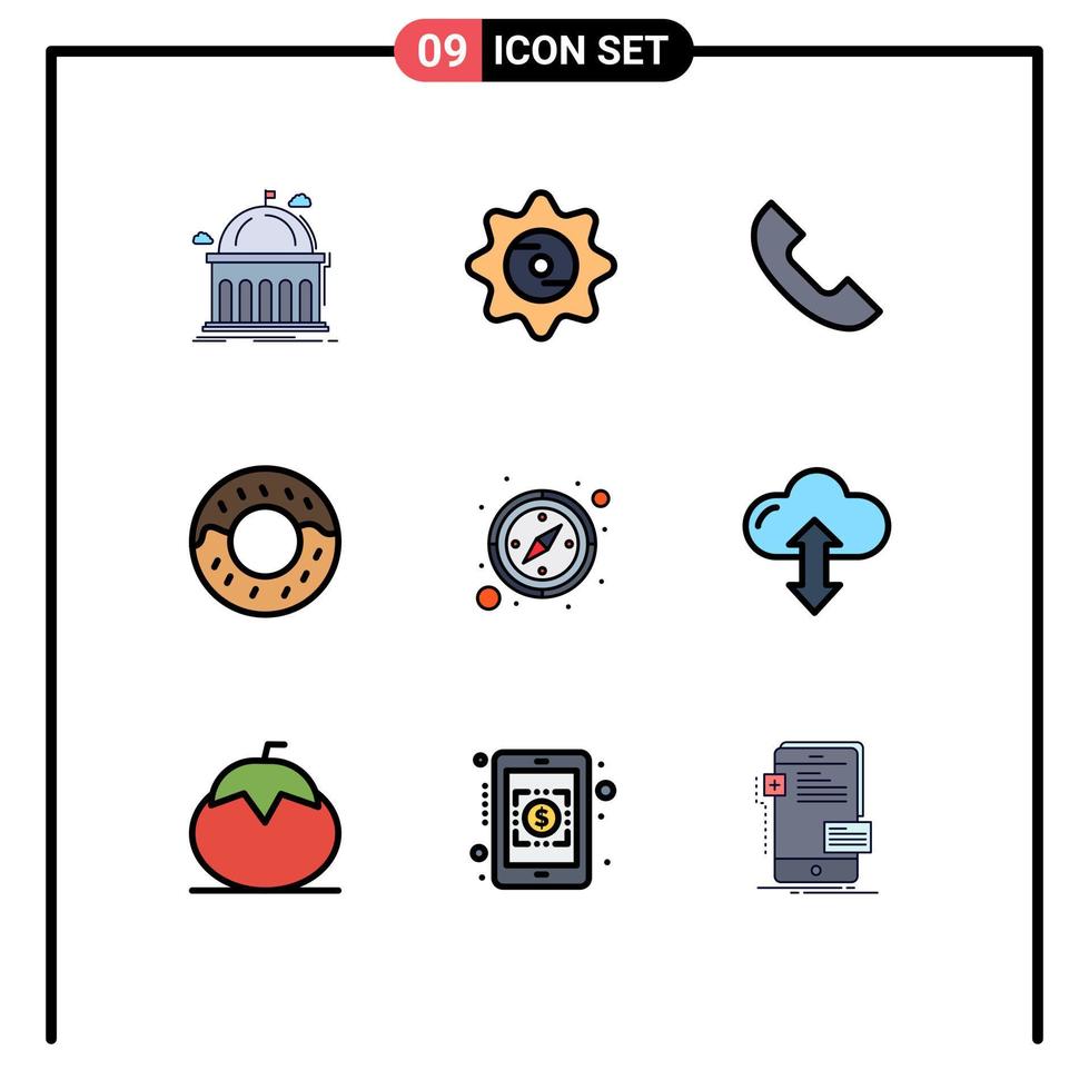 Group of 9 Filledline Flat Colors Signs and Symbols for gps compass food doughnut mobile Editable Vector Design Elements