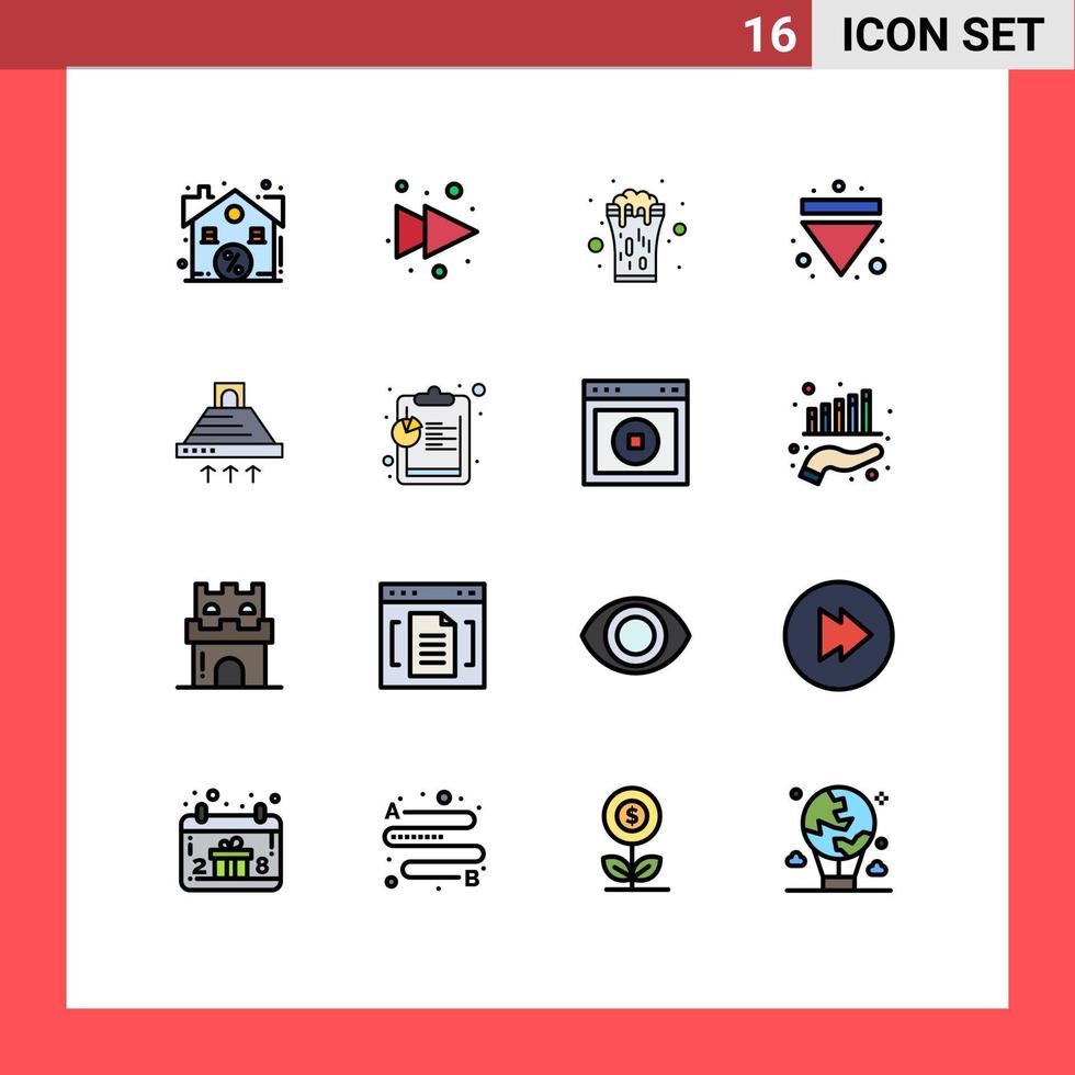 paquete de 16 signos y símbolos modernos de líneas llenas de color plano para medios de impresión web, como cocinar flecha multimedia de vidrio, elementos de diseño de vectores creativos editables