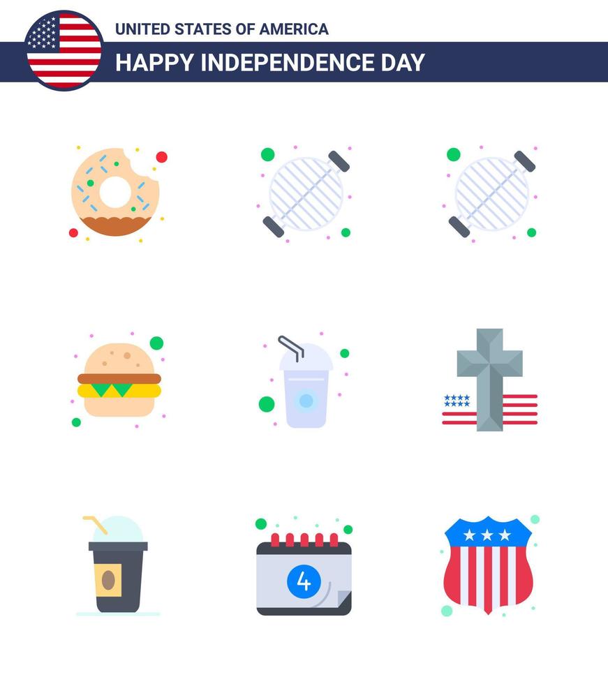 Big Pack of 9 USA Happy Independence Day USA Vector Flats and Editable Symbols of cross soda party drink bottle Editable USA Day Vector Design Elements