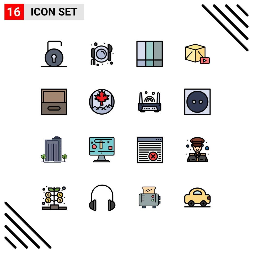 16 Thematic Vector Flat Color Filled Lines and Editable Symbols of drawer archive grid layout box media Editable Creative Vector Design Elements