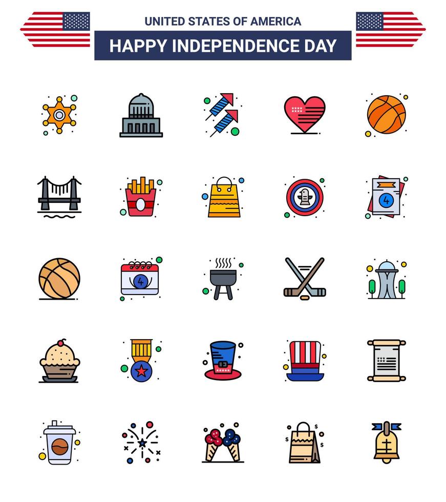 Big Pack of 25 USA Happy Independence Day USA Vector Flat Filled Lines and Editable Symbols of ball flag celebration american heart Editable USA Day Vector Design Elements