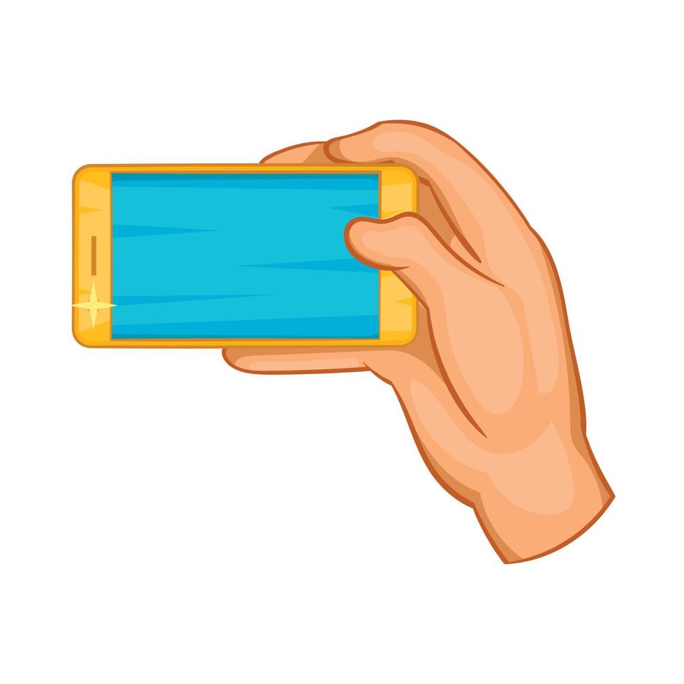 Hand works with a smartphone icon, cartoon style vector