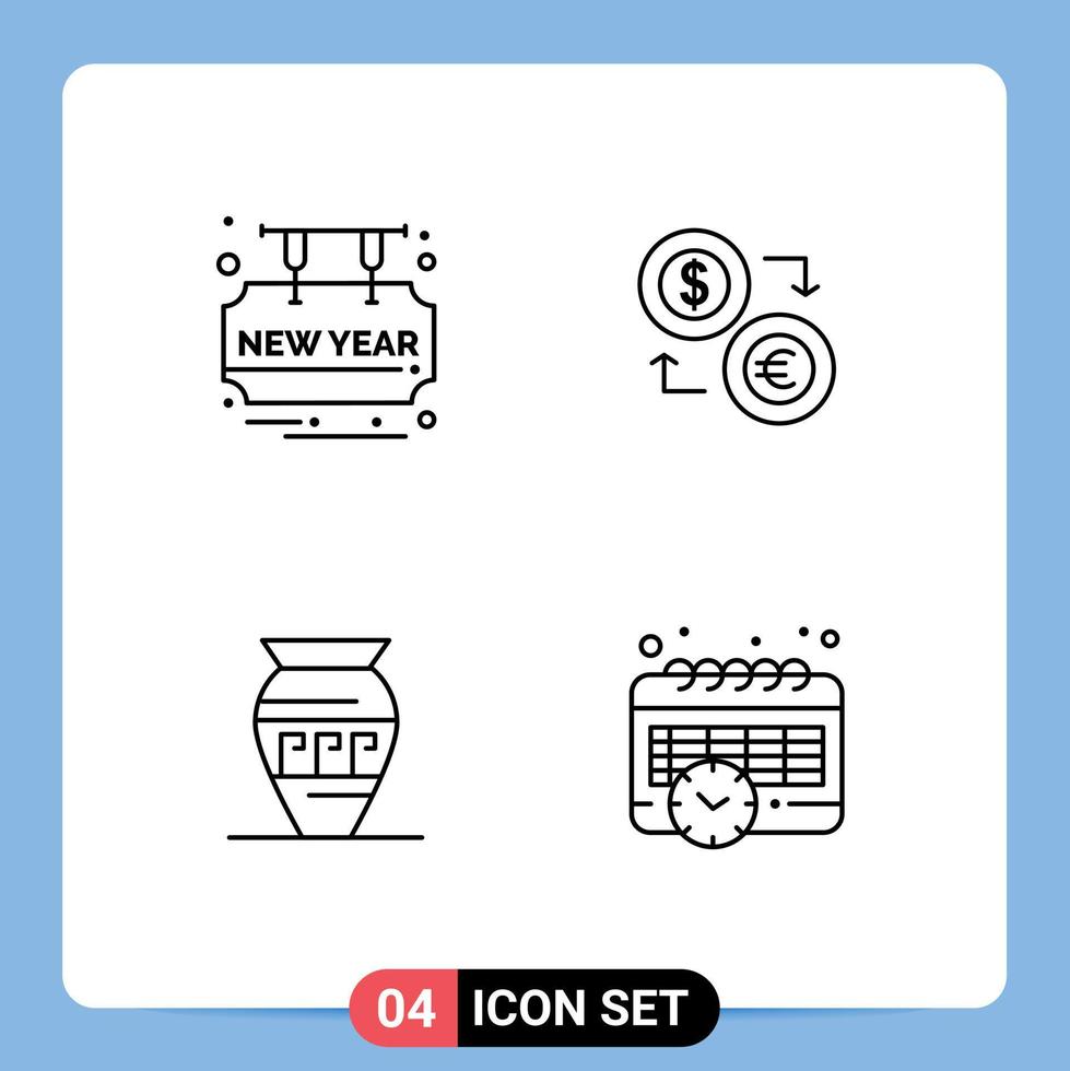 Group of 4 Filledline Flat Colors Signs and Symbols for card finance party time currency money Editable Vector Design Elements