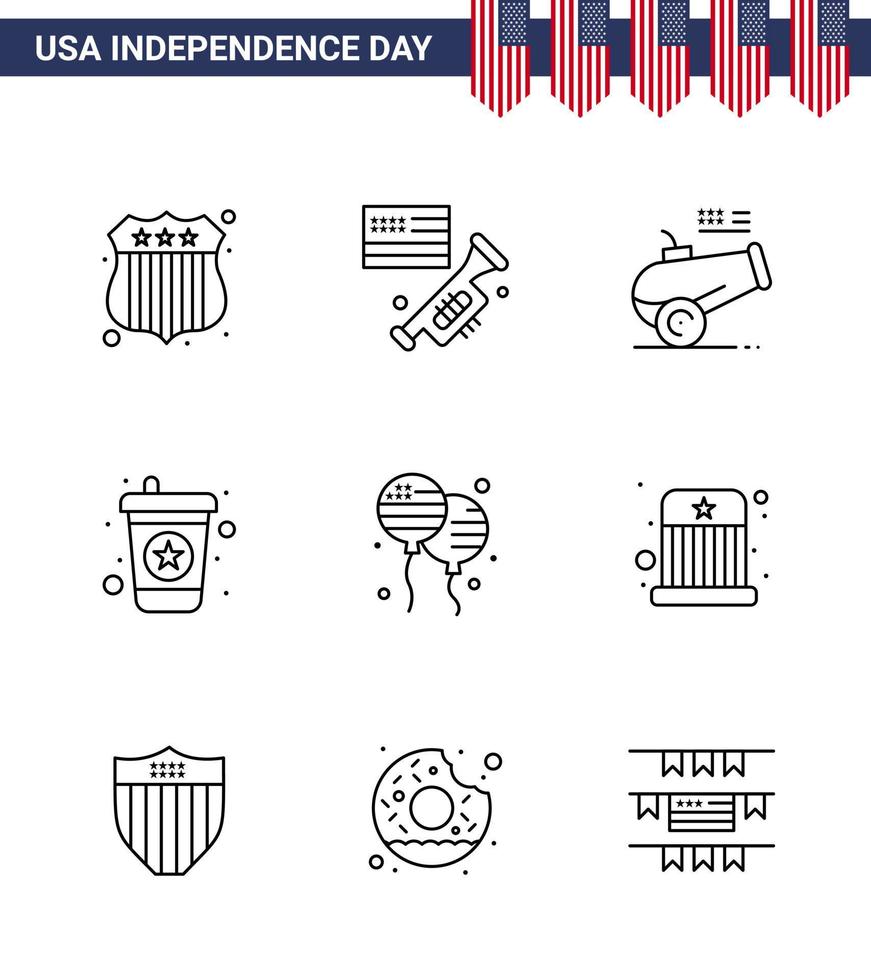Line Pack of 9 USA Independence Day Symbols of american bloons cannon bloon drink Editable USA Day Vector Design Elements
