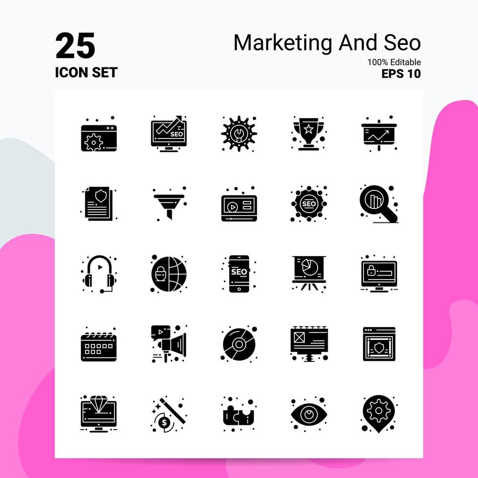 25 conjunto de iconos de marketing y seo 100 archivos editables eps 10 ideas de concepto de logotipo de empresa diseño de icono de glifo sólido vector