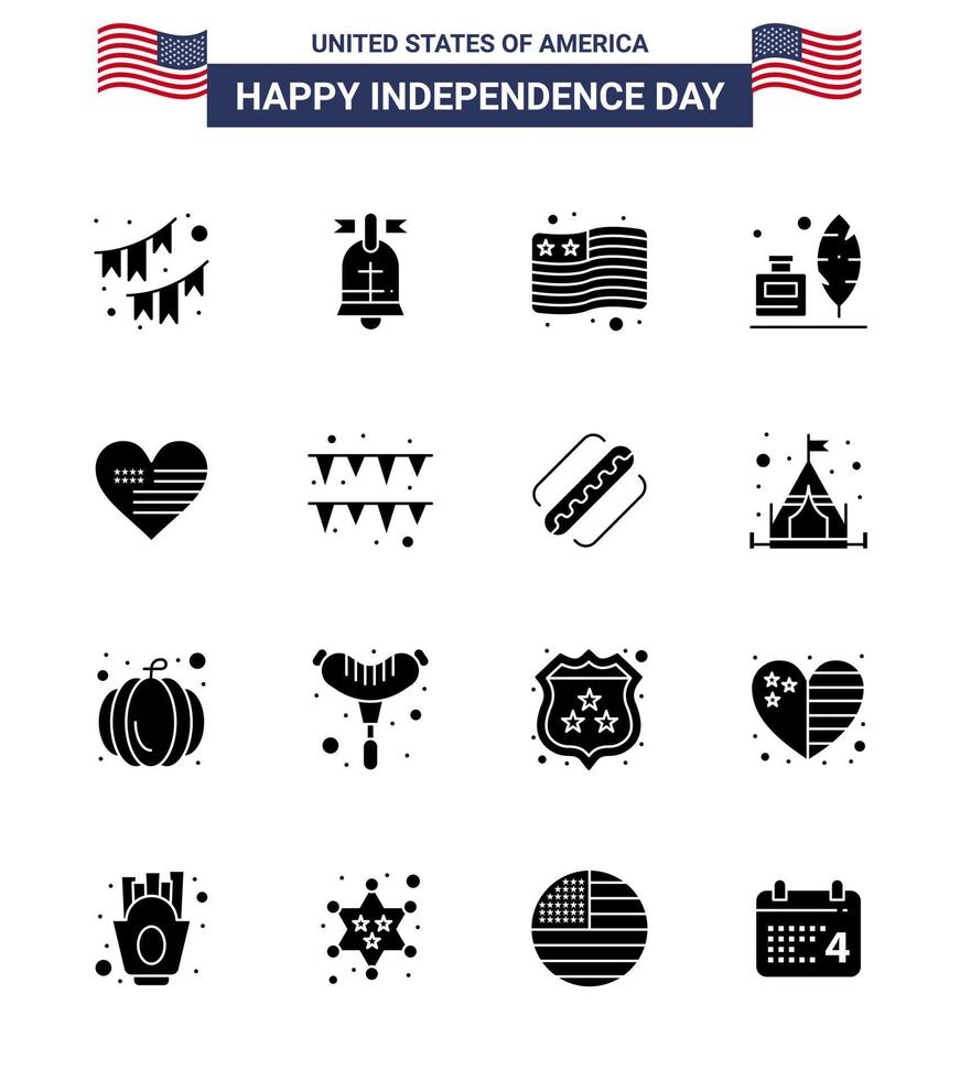 Happy Independence Day Pack of 16 Solid Glyphs Signs and Symbols for love american usa ink bottle adobe Editable USA Day Vector Design Elements