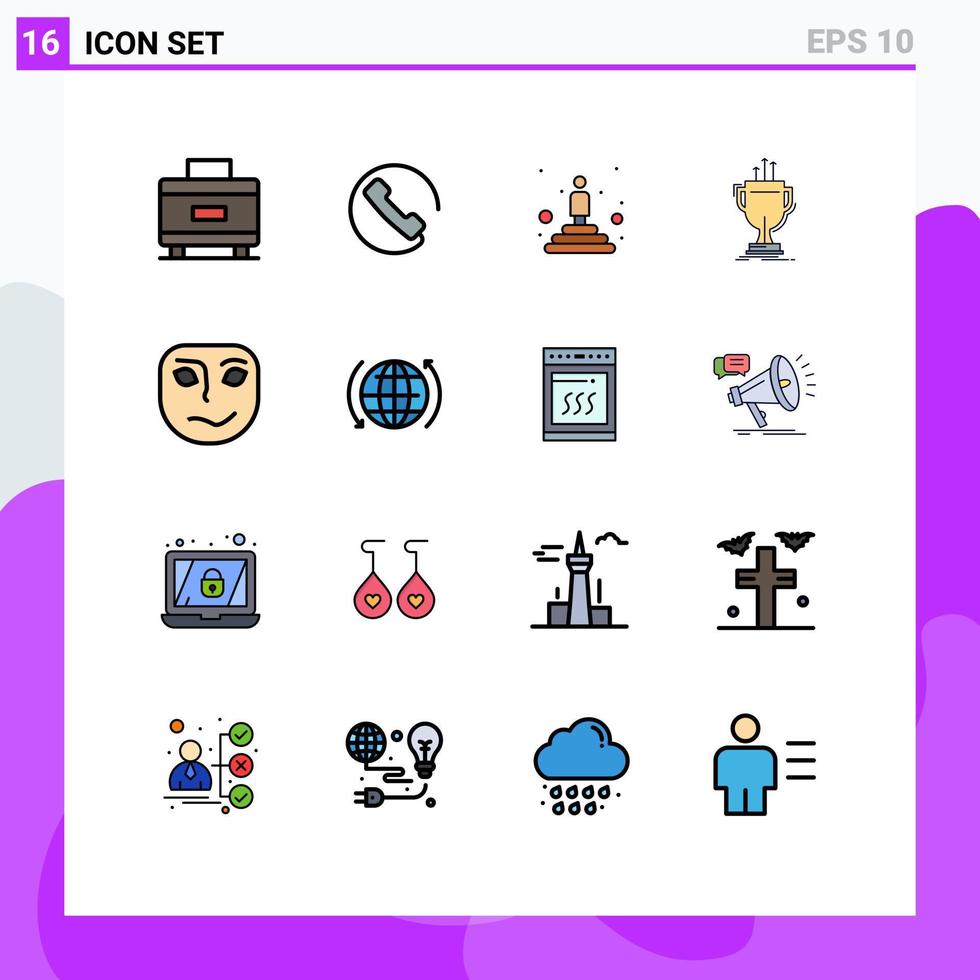grupo de 16 líneas llenas de colores planos modernos establecidos para elementos de diseño de vectores creativos editables de copa de premio profesional alegre cara