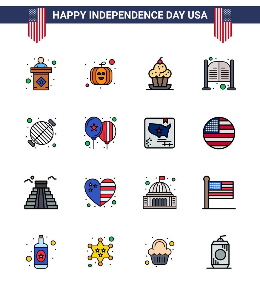 gran paquete de 16 estados unidos feliz día de la independencia líneas planas llenas de vector de estados unidos y símbolos editables del día de la comida barra de salón de postre elementos de diseño de vector de día de estados unidos editables