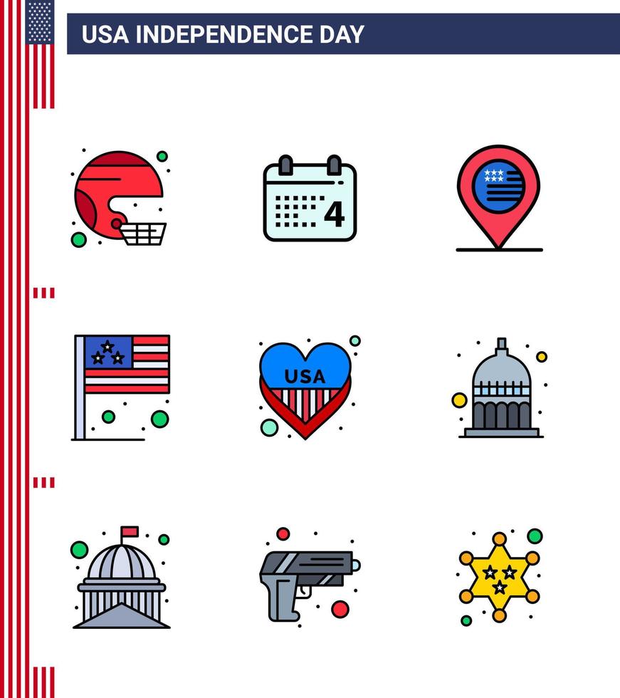 USA Independence Day Flat Filled Line Set of 9 USA Pictograms of usa country date day map Editable USA Day Vector Design Elements