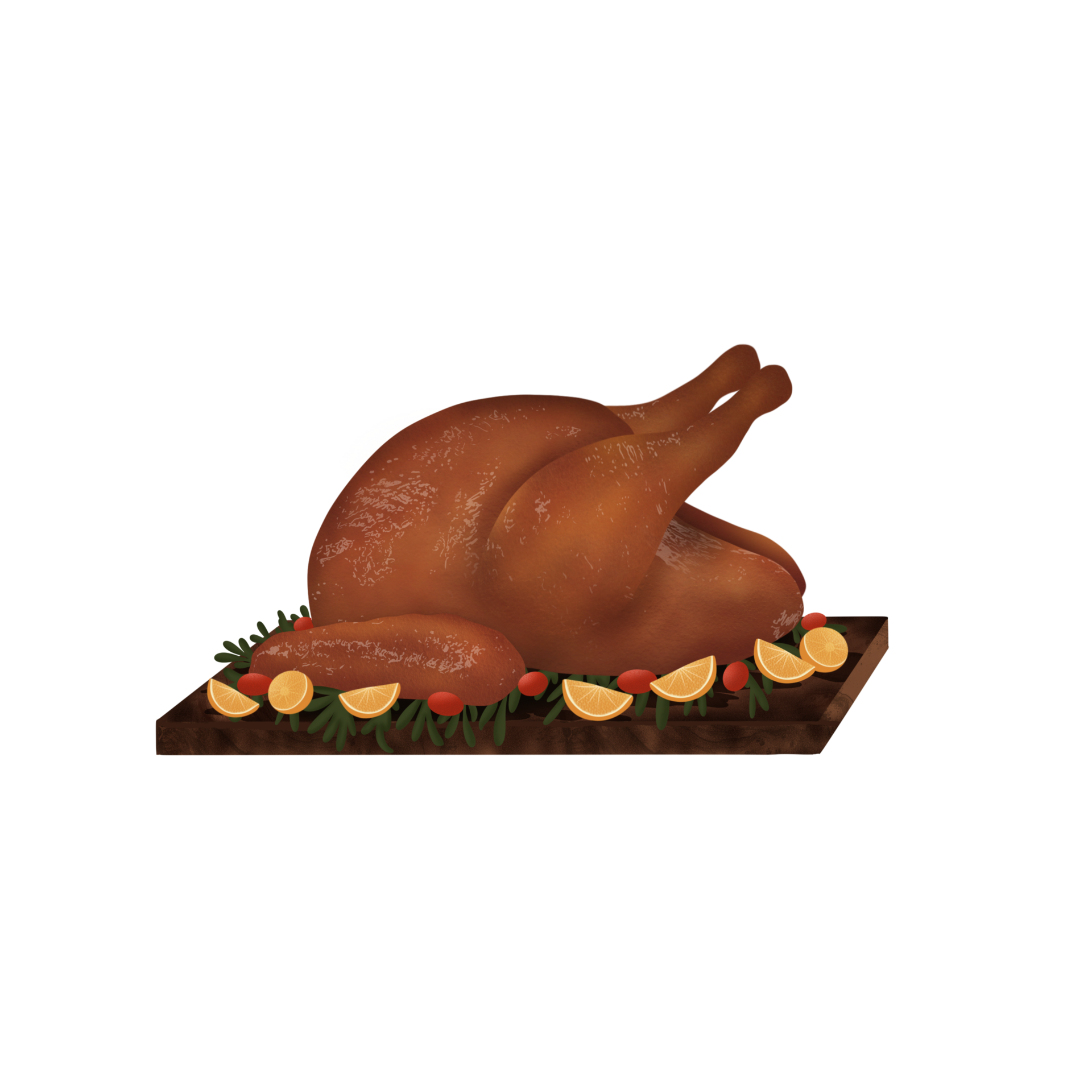 roasted thanksgiving turkey on board with lemon, tomato and leaves