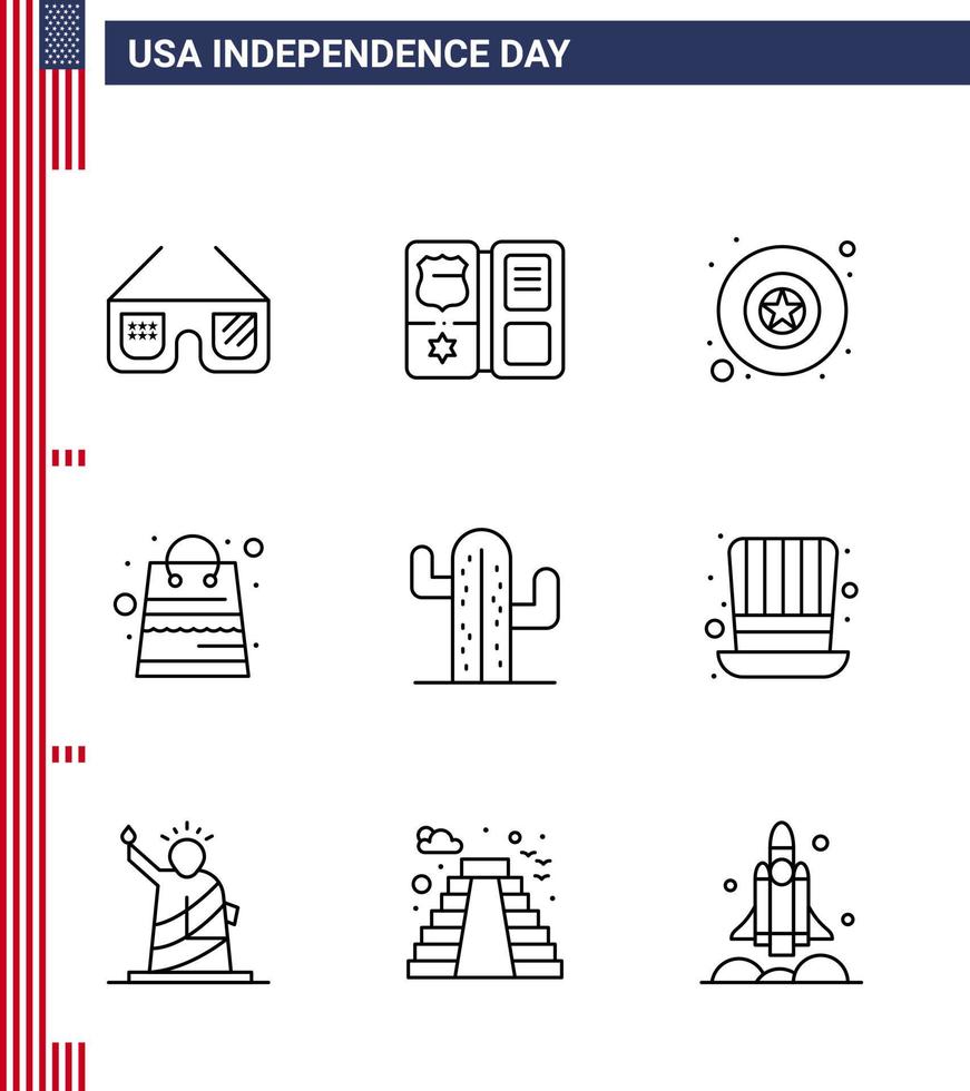 Happy Independence Day Pack of 9 Lines Signs and Symbols for plent cactus badge shop money Editable USA Day Vector Design Elements