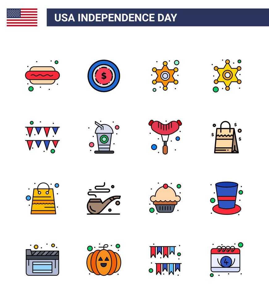 Pack of 16 USA Independence Day Celebration Flat Filled Lines Signs and 4th July Symbols such as soda cola police bottle garland Editable USA Day Vector Design Elements