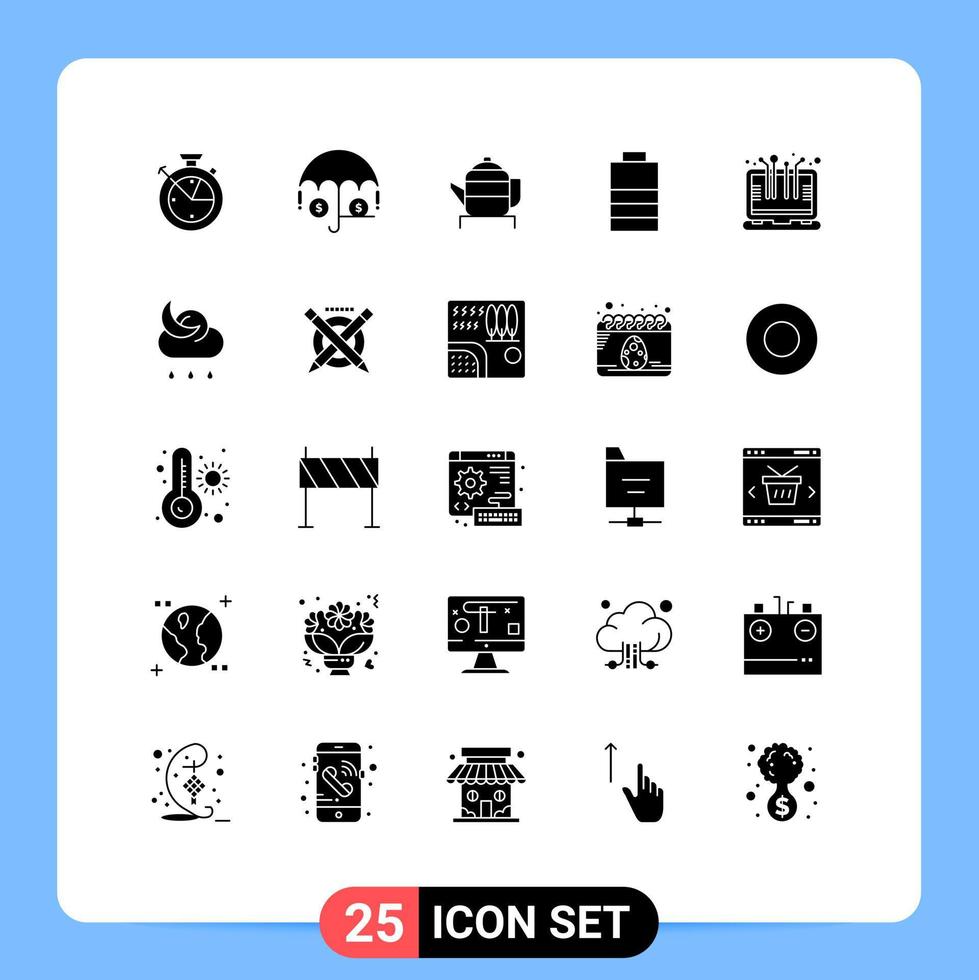 Set of 25 Vector Solid Glyphs on Grid for laptop computer teapot smart technology electric Editable Vector Design Elements