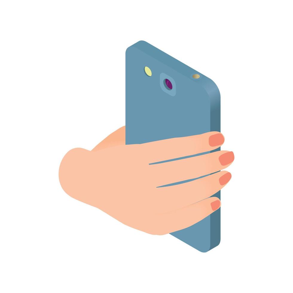 Female hand holds phone icon, cartoon style vector