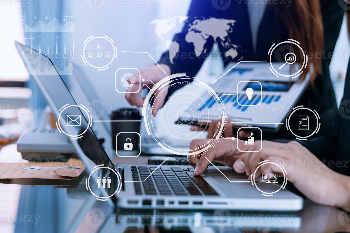 Business team partnership meeting concept. Business hand using laptop, tablet and smartphone  in office. Digital marketing media mobile app in virtual icon screen in morning light photo