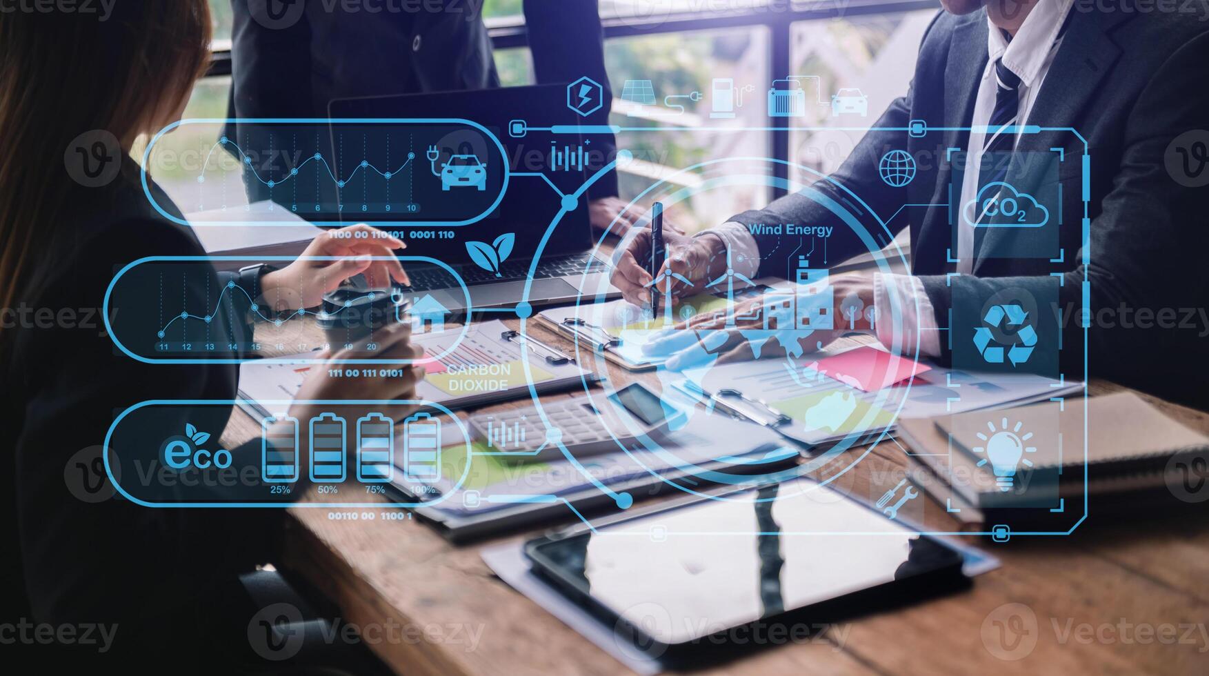 Business team working virtual modern smartphone to reduce CO2 emissions carbon footprint climate change to limit global warming.Sustainable development and green business concept. photo