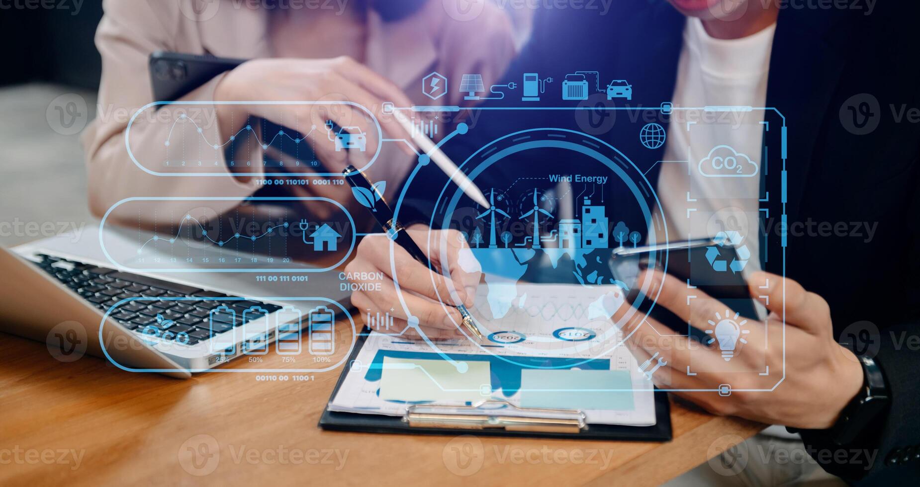 Business team working virtual modern smartphone to reduce CO2 emissions carbon footprint climate change to limit global warming.Sustainable development and green business concept. at office photo