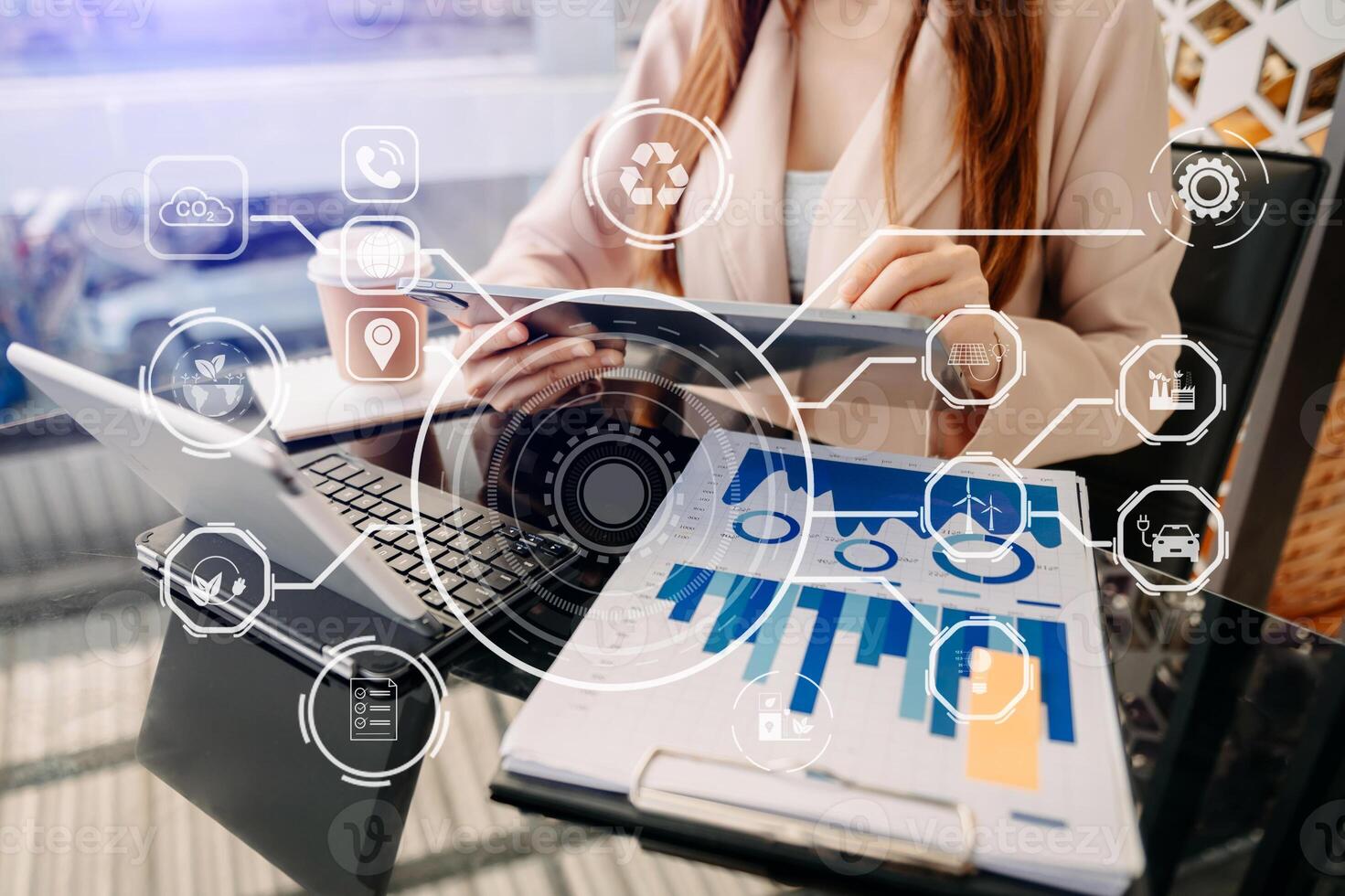 Business team working virtual modern smartphone to reduce CO2 emissions carbon footprint climate change to limit global warming.Sustainable development and green business concept. at office photo