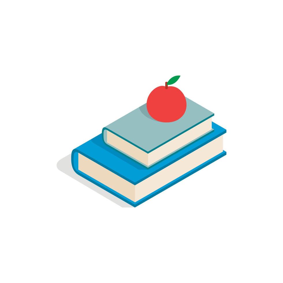 icono de manzana roja y dos libros, estilo 3d isométrico vector