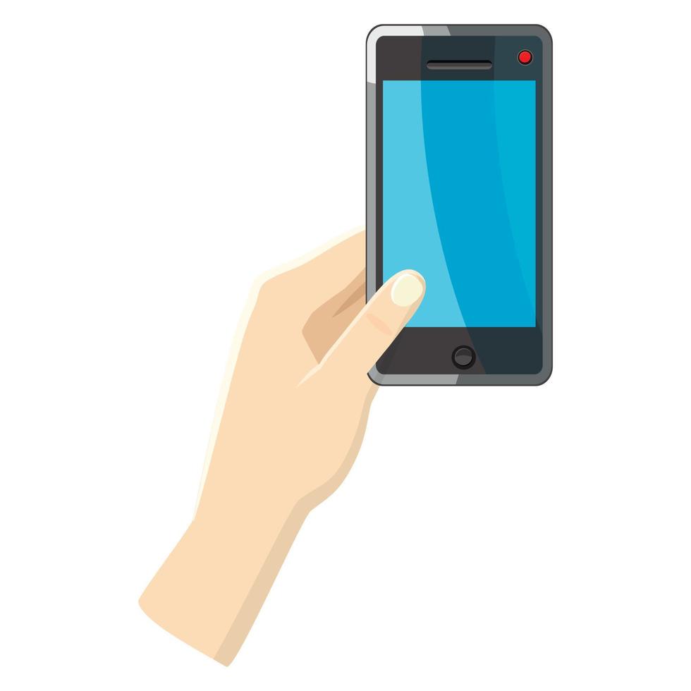 Hand holding smartphone icon, cartoon style vector